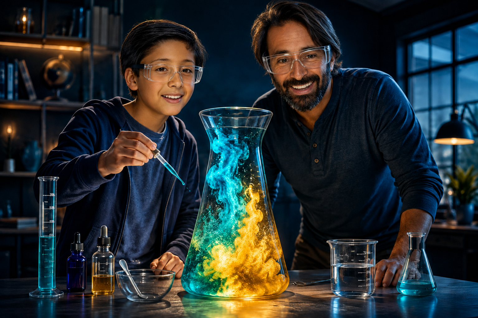 Jerónimo y Andrés preparando los materiales de una experiencia científica